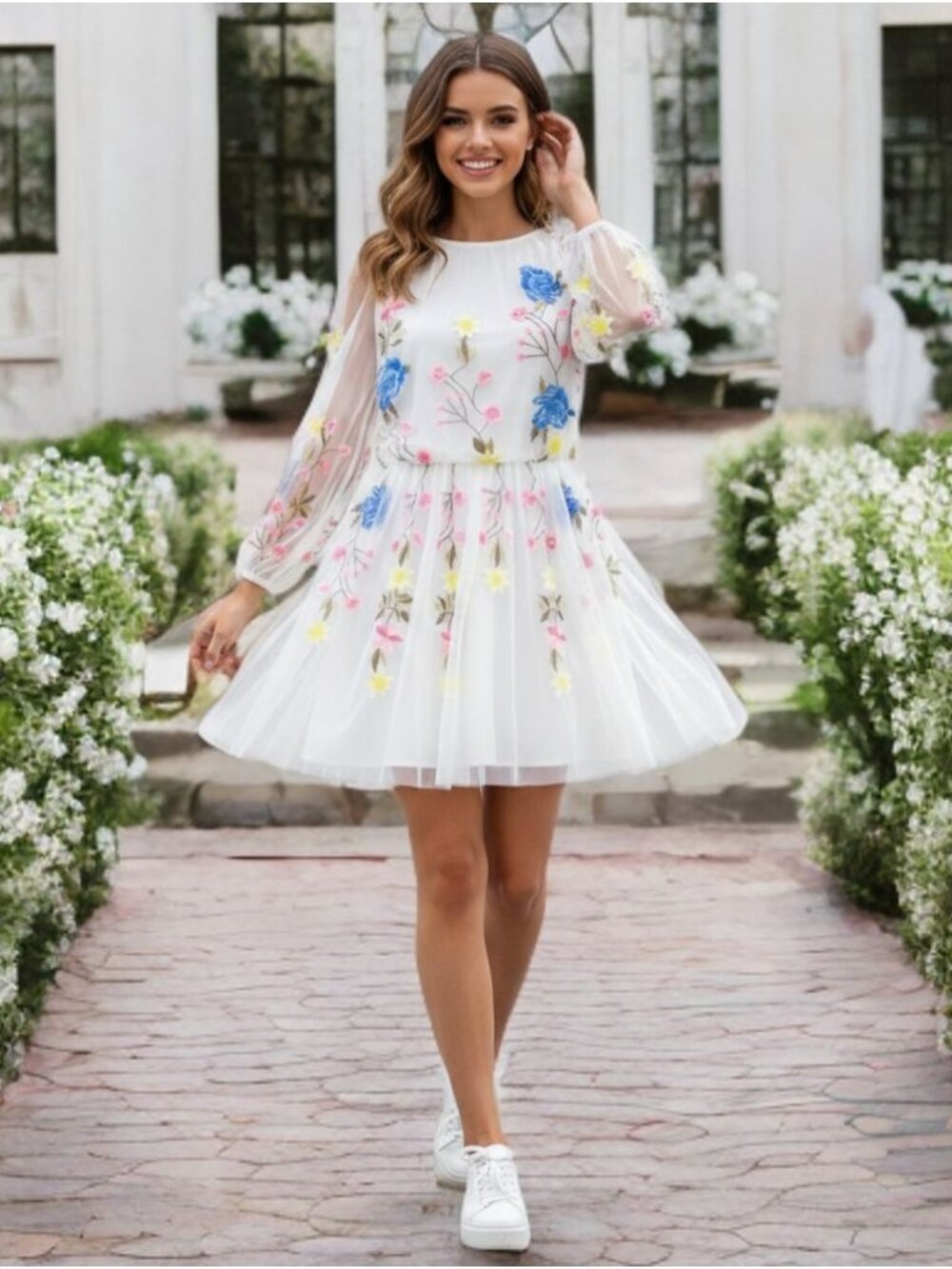 Maya Deluxe 3D Embroidered Floral Mini Dress A-Line Bride Tulle Minimalist NWT